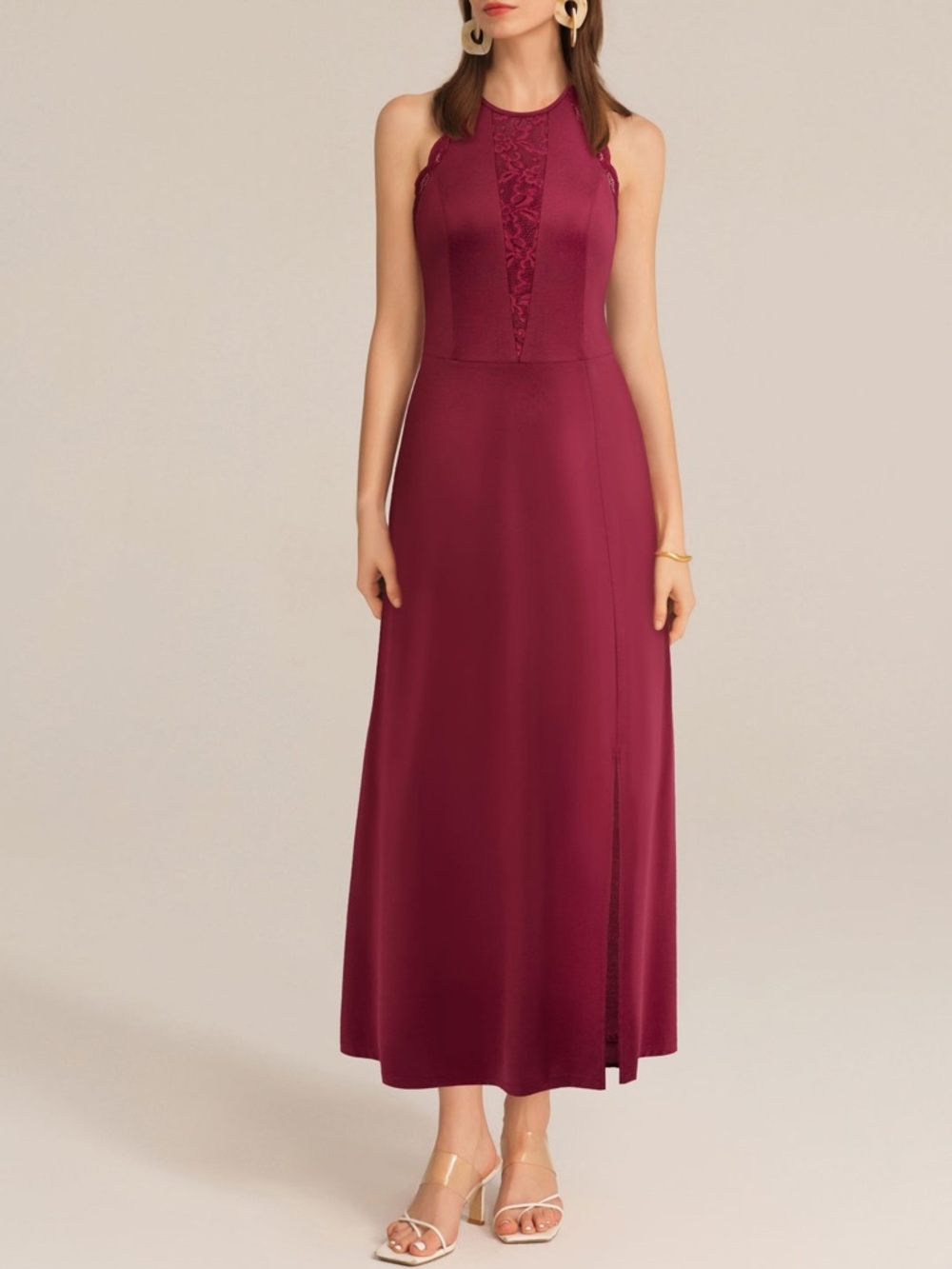 NWT Grace Karin Red Lace Patchwork Front Slit Halter Neck Maxi Dress Size L